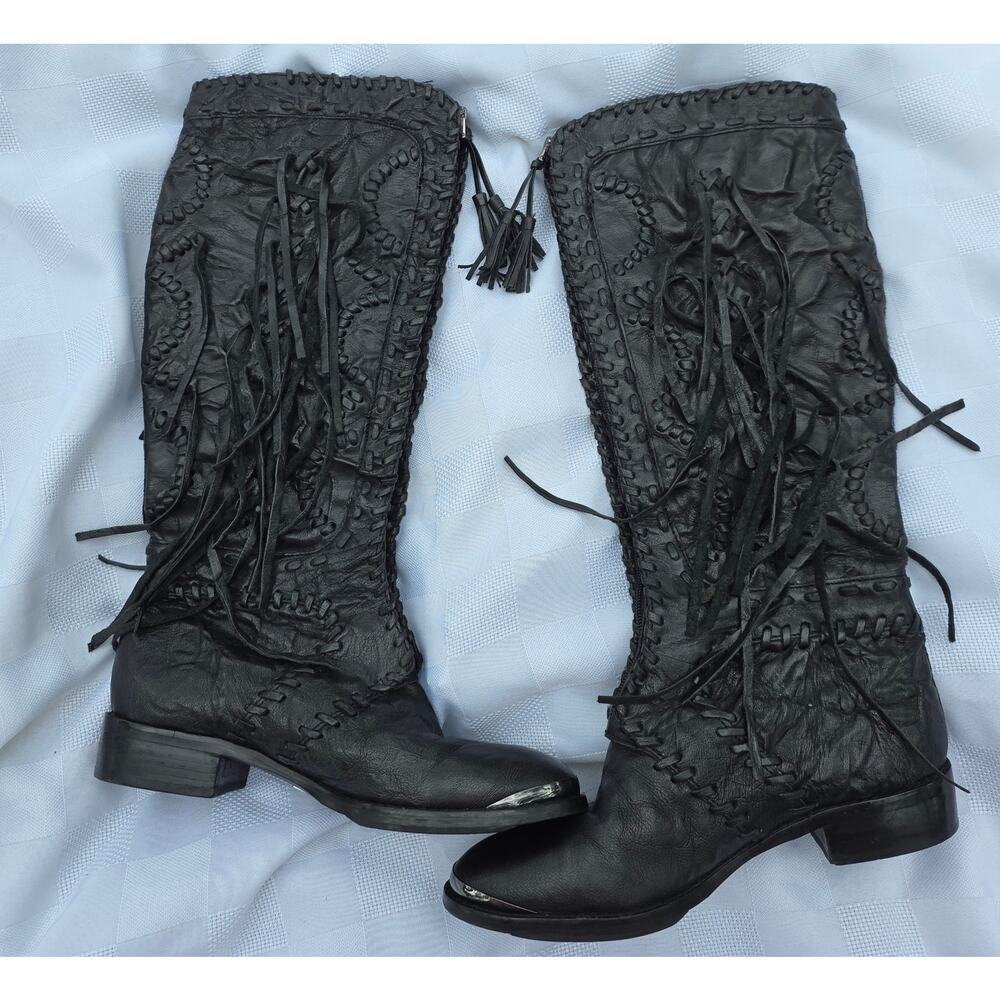 Sam Edelman Black Leather Fringe Moto Boots Boho 80s Western Silver Tip 7.5